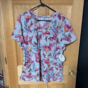 Floral Butterfly Print Women's Scrub Top